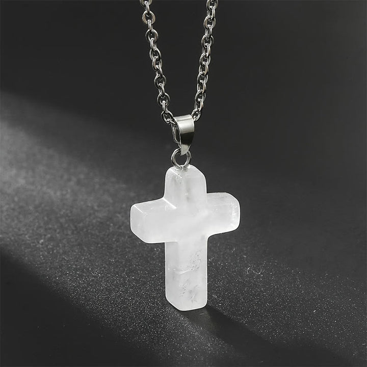 Necklace with Cross of Natural Gemstones - Seraphina-Clear crystal-The Livary