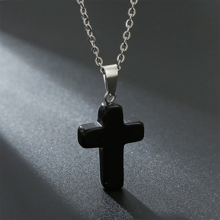 Necklace with Cross of Natural Gemstones - Seraphina-Black onyx-The Livary