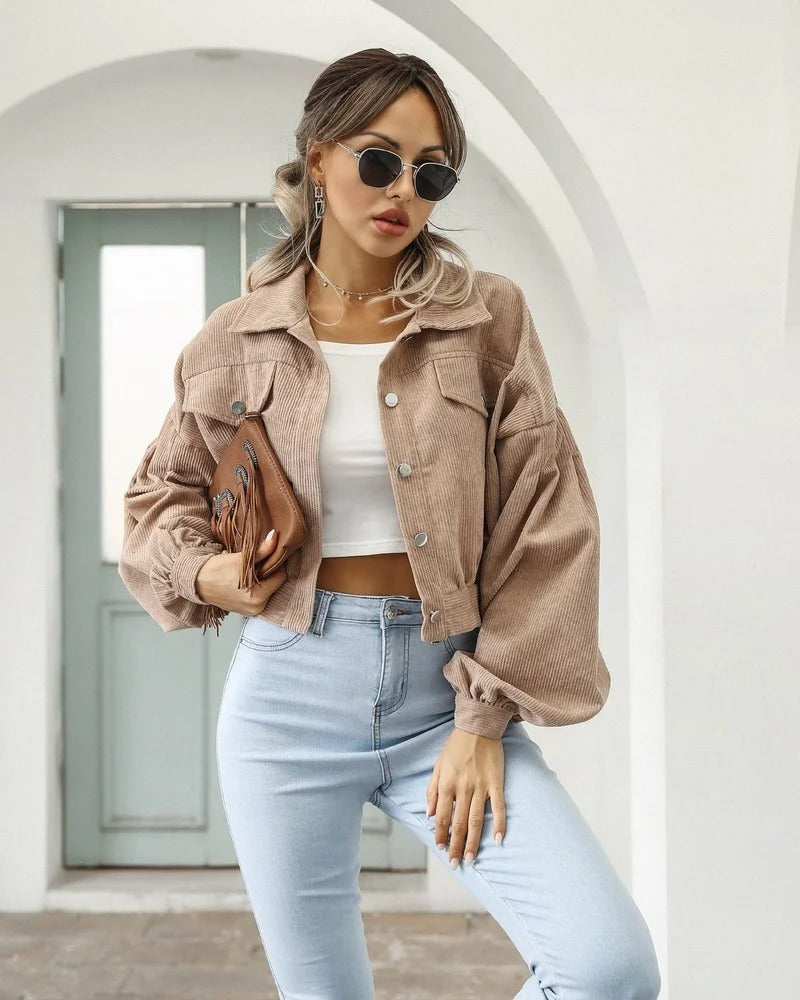 Stylish short denim jacket - Amira-Khaki-S-The Livary