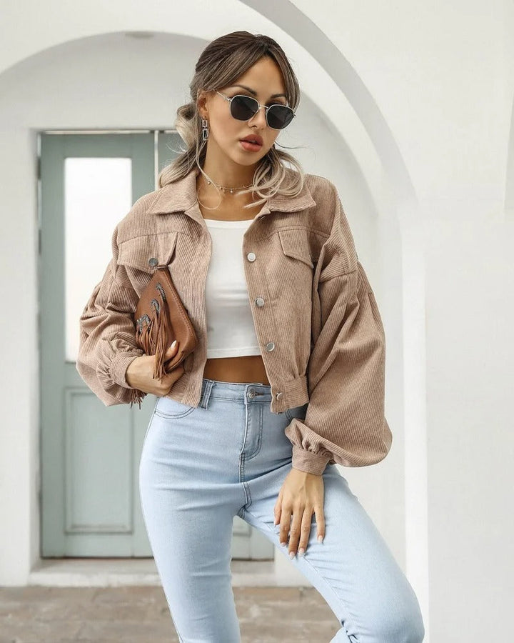 Stylish short denim jacket - Amira-Khaki-S-The Livary