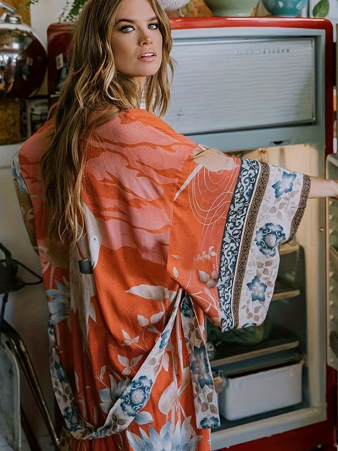 Red Floral Print Kimono - Isabella-Red Orange-One Size-The Livary