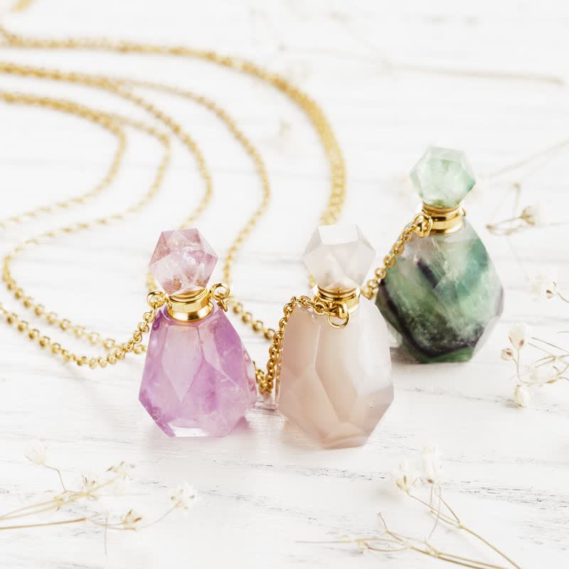 Crystal Perfume Bottle Necklace - Iris-Rose quartz-The Livary