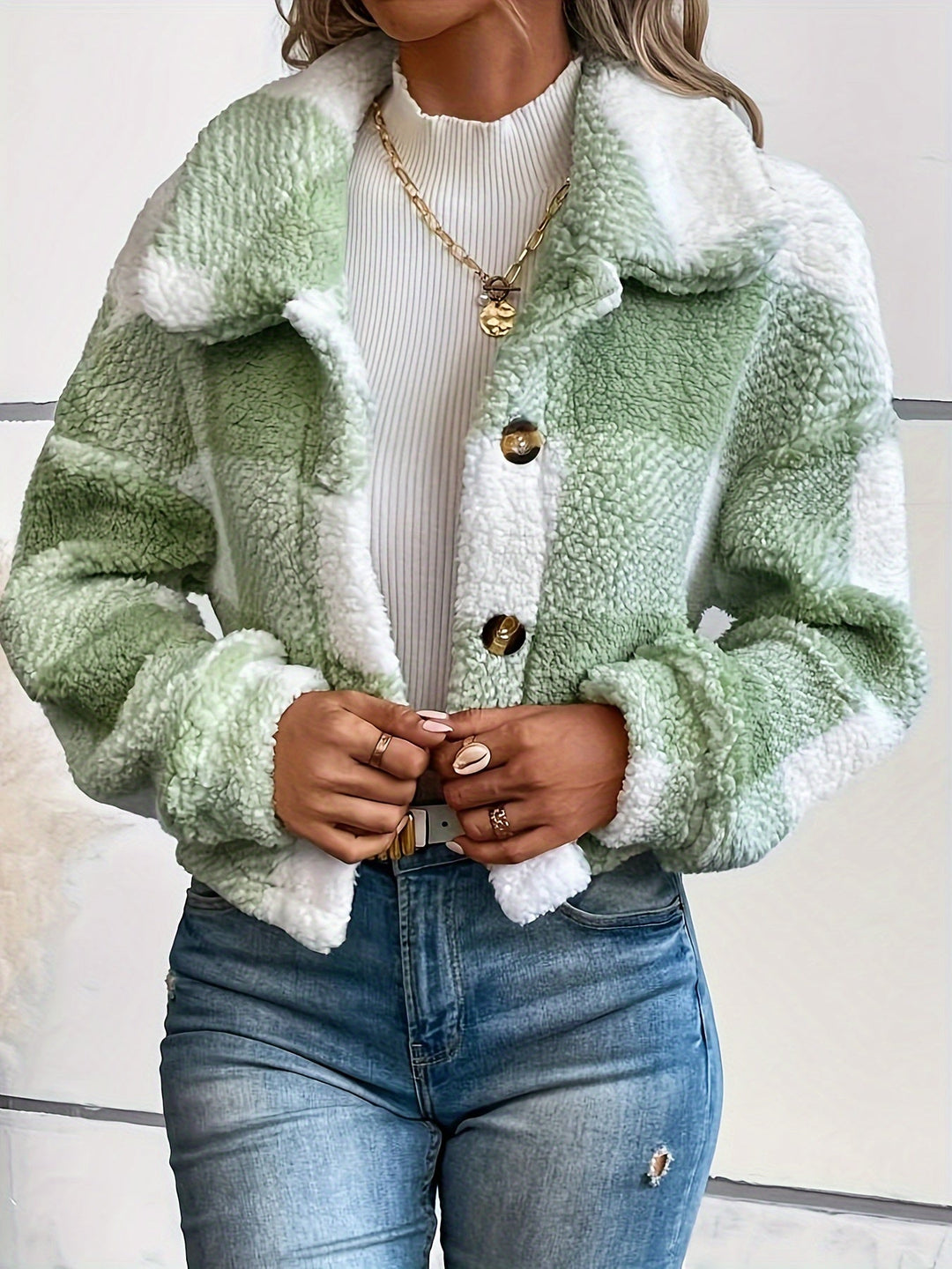 Checked Teddy Jacket with Button Closure - Clara-Green-XS-The Livary