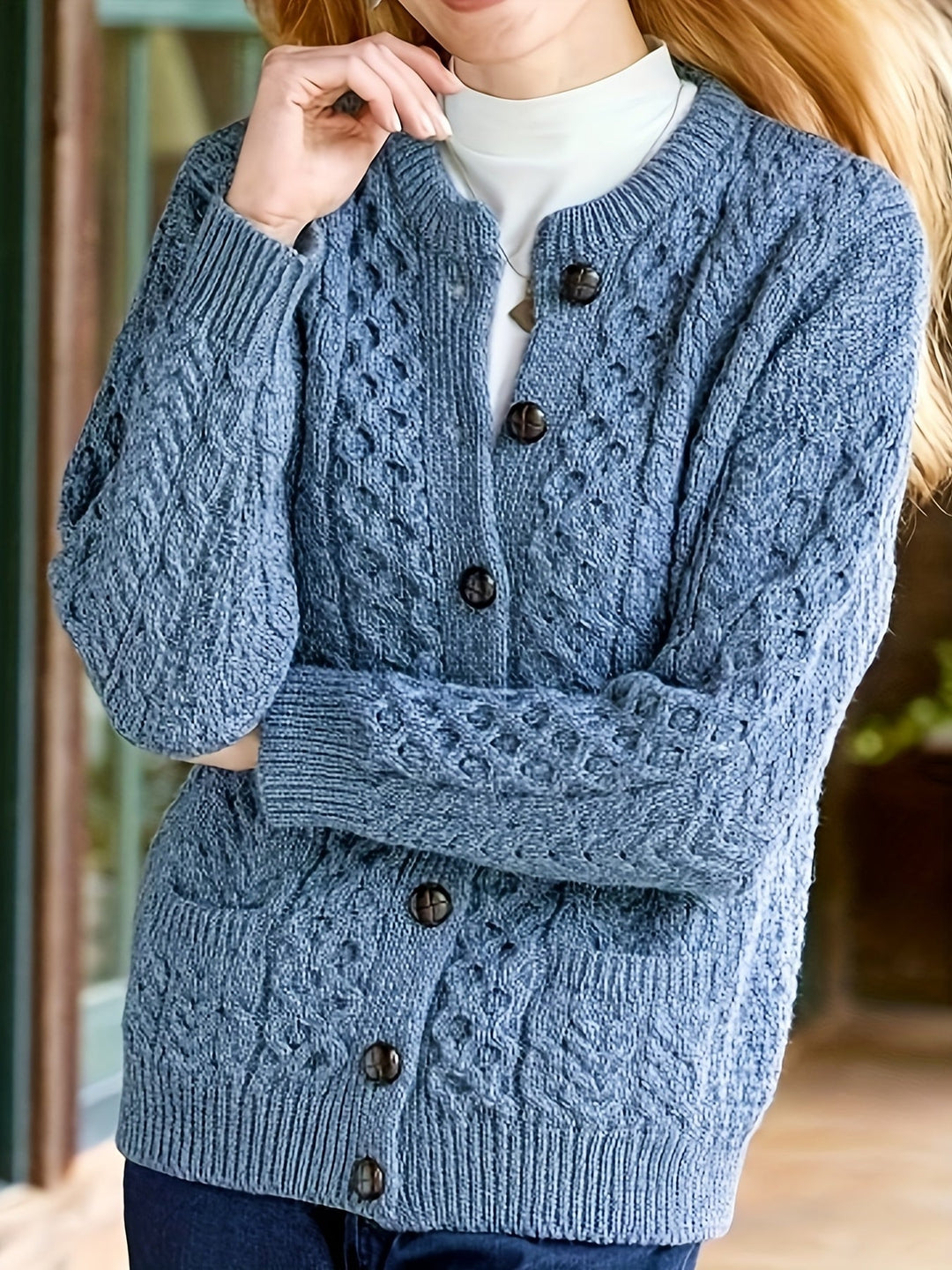Plain Knitted Cardigan with Button Closure and Pockets - Olivia-Blue-S-The Livary