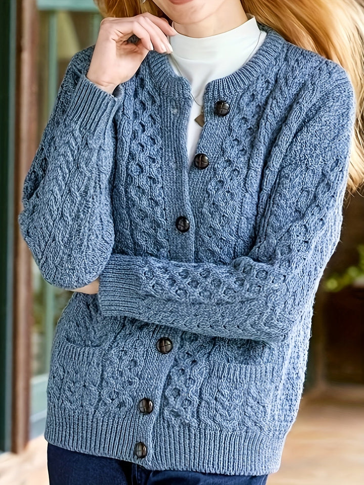 Plain Knitted Cardigan with Button Closure and Pockets - Olivia-Blue-S-The Livary