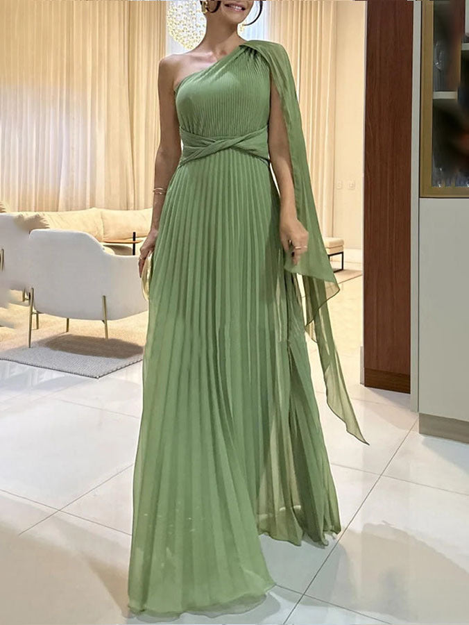 Trendy one-shoulder maxi dress with pleats – Mirella-Green-XS-The Livary