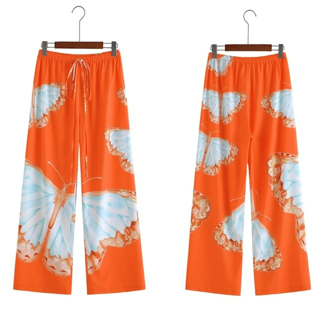 Wide-cut summer trousers made of chiffon – Liana-Orange-S-The Livary