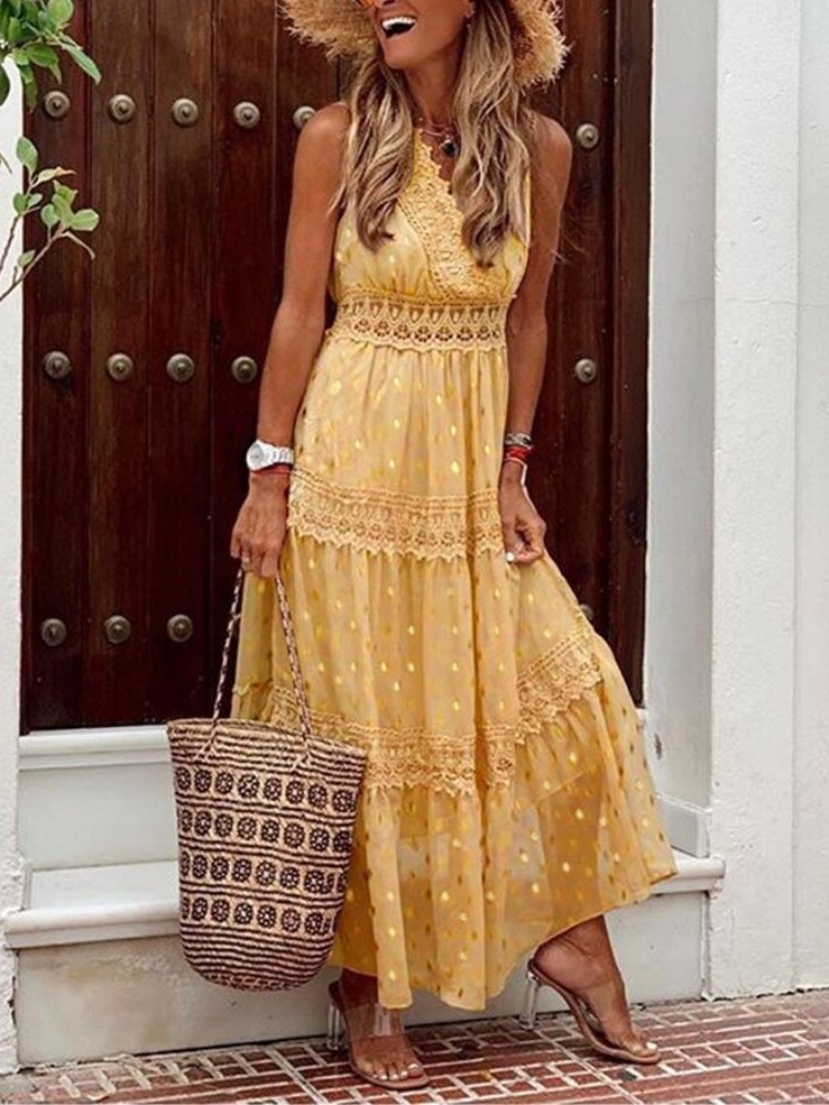 Airy Boho summer dress in Ibiza style with V-neck - Niva-Yellow-S-The Livary