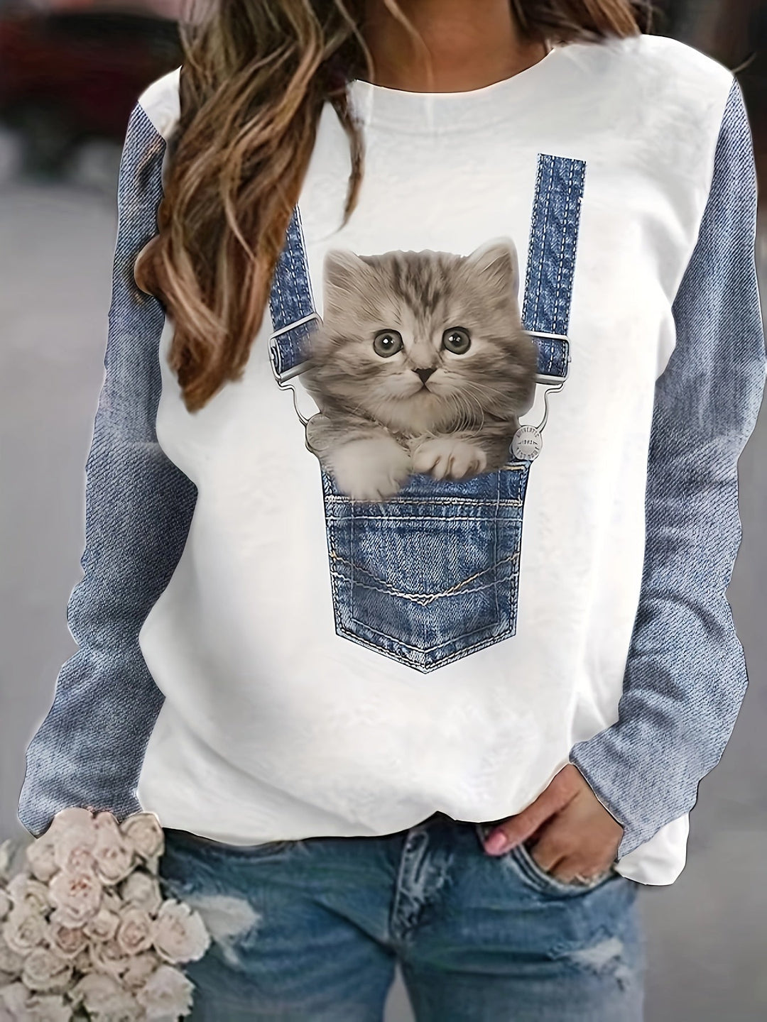 T-shirt with Cat Print and Trendy Colour Block Details - Celeste-S-The Livary
