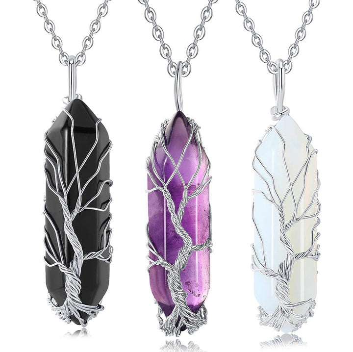 Stylish Crystal with Tree of Life Gemstone Necklace - Elara-Green Aventurine-The Livary