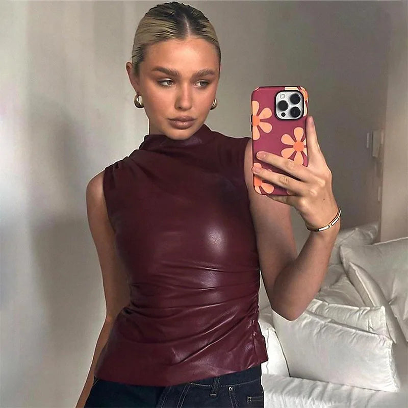 Ladies' sleeveless leather top in burgundy with a fitted silhouette – Nila-Bordeaux red-XS-The Livary