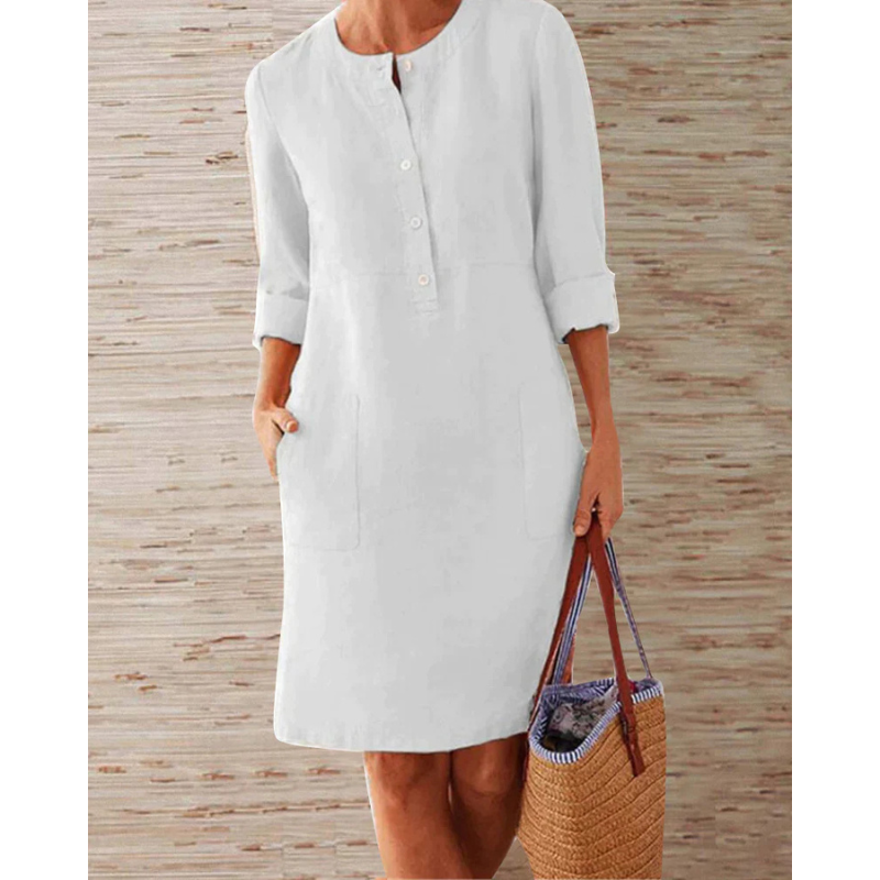 Stylish women's casual dress with pockets & round neckline – Niva-White-M-The Livary