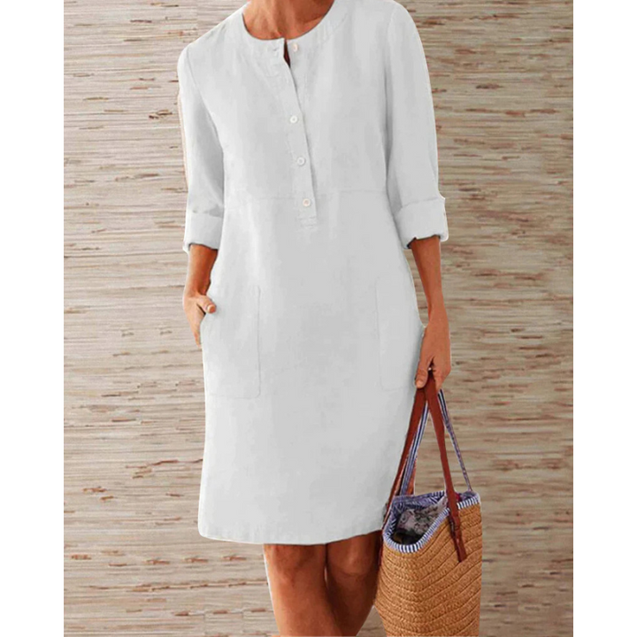 Stylish women's casual dress with pockets & round neckline – Niva-White-M-The Livary