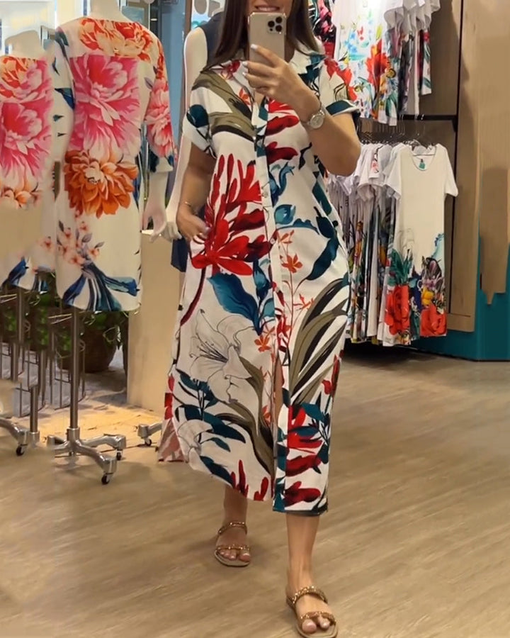 Trendy women's summer dress with print & shirt collar - Flora-S-The Livary