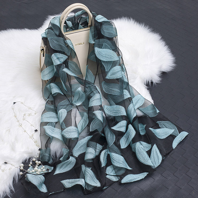 Trendy women's silk scarf with floral pattern and cut-out design – Fiora (1+1 FREE)-Leaves lake blue-The Livary