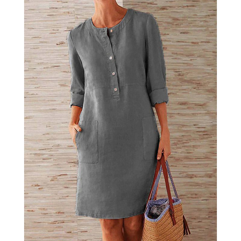 Stylish women's casual dress with pockets & round neckline – Niva-Grey-M-The Livary