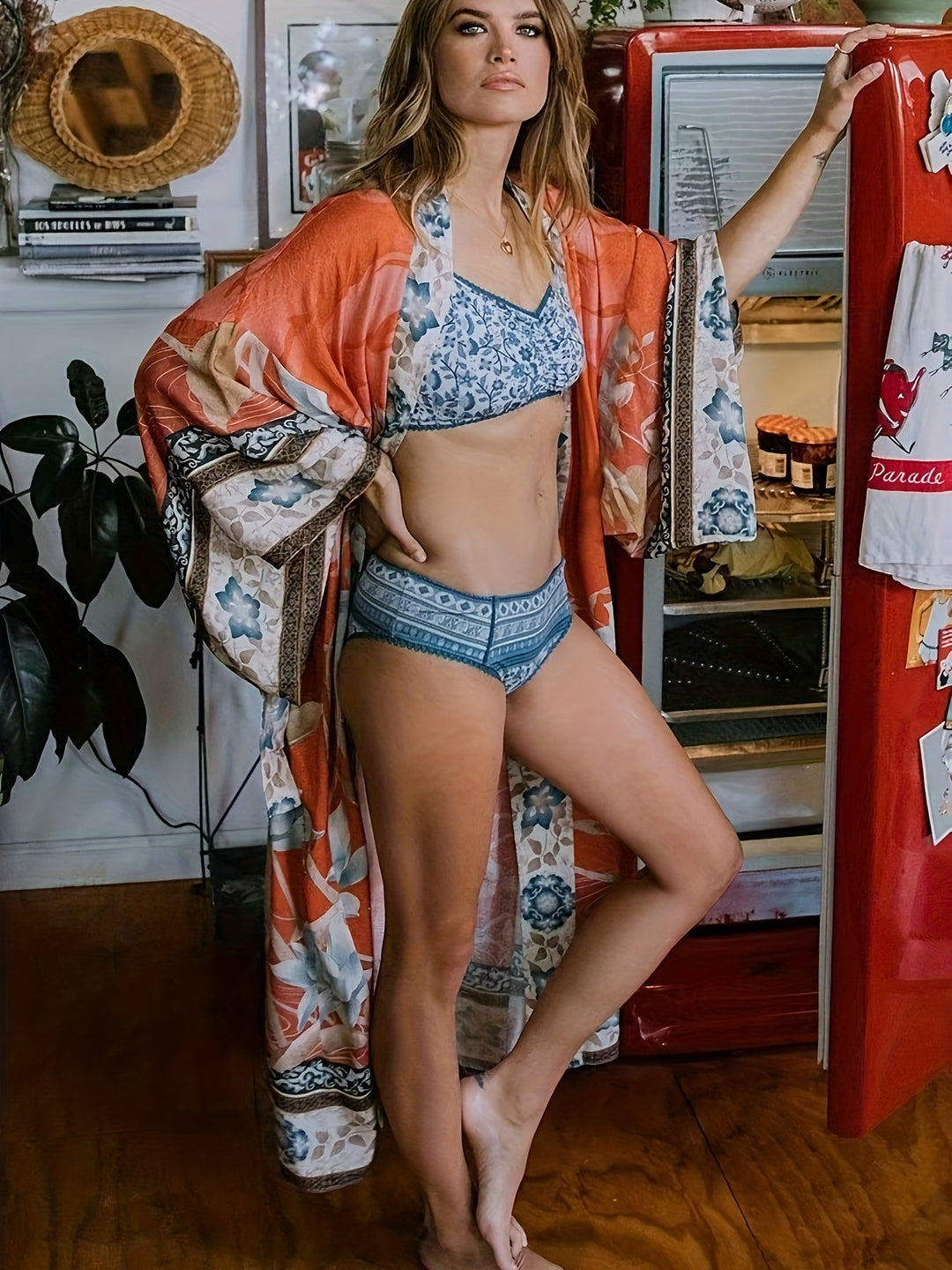 Red Floral Print Kimono - Isabella-Red Orange-One Size-The Livary