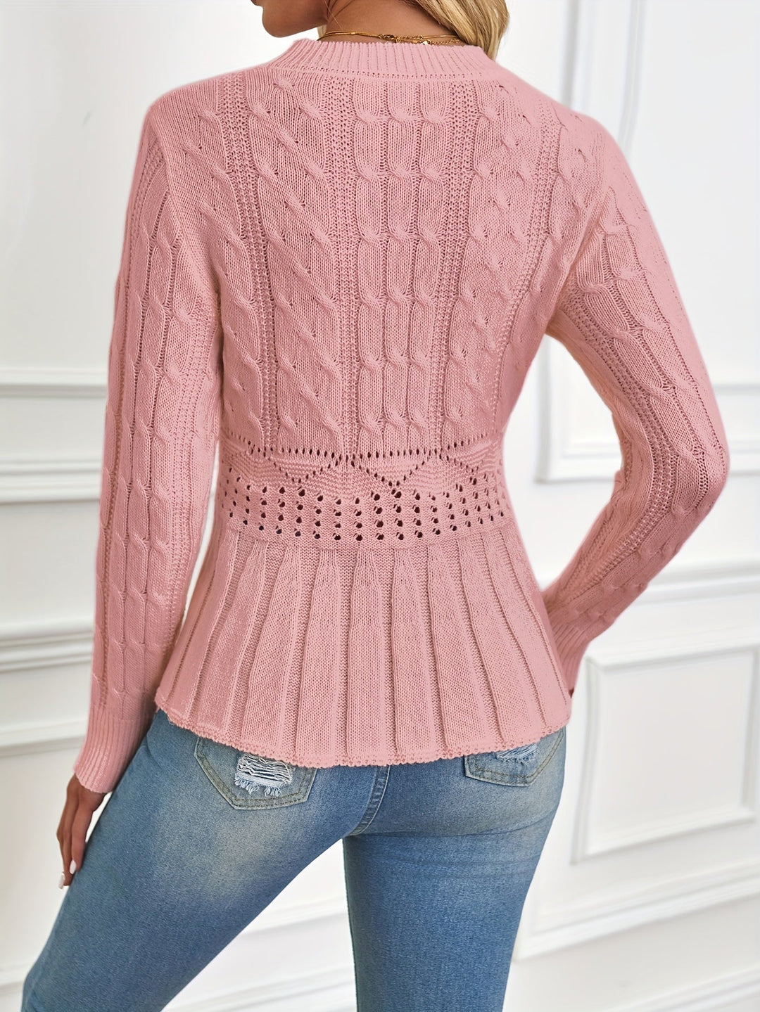 Chunky Cable Knit Sweater with Round Neck - Elena-Beige-S-The Livary