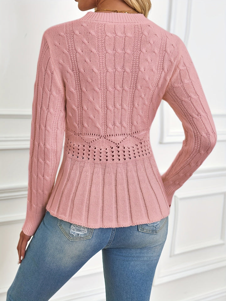 Chunky Cable Knit Sweater with Round Neck - Elena-Beige-S-The Livary