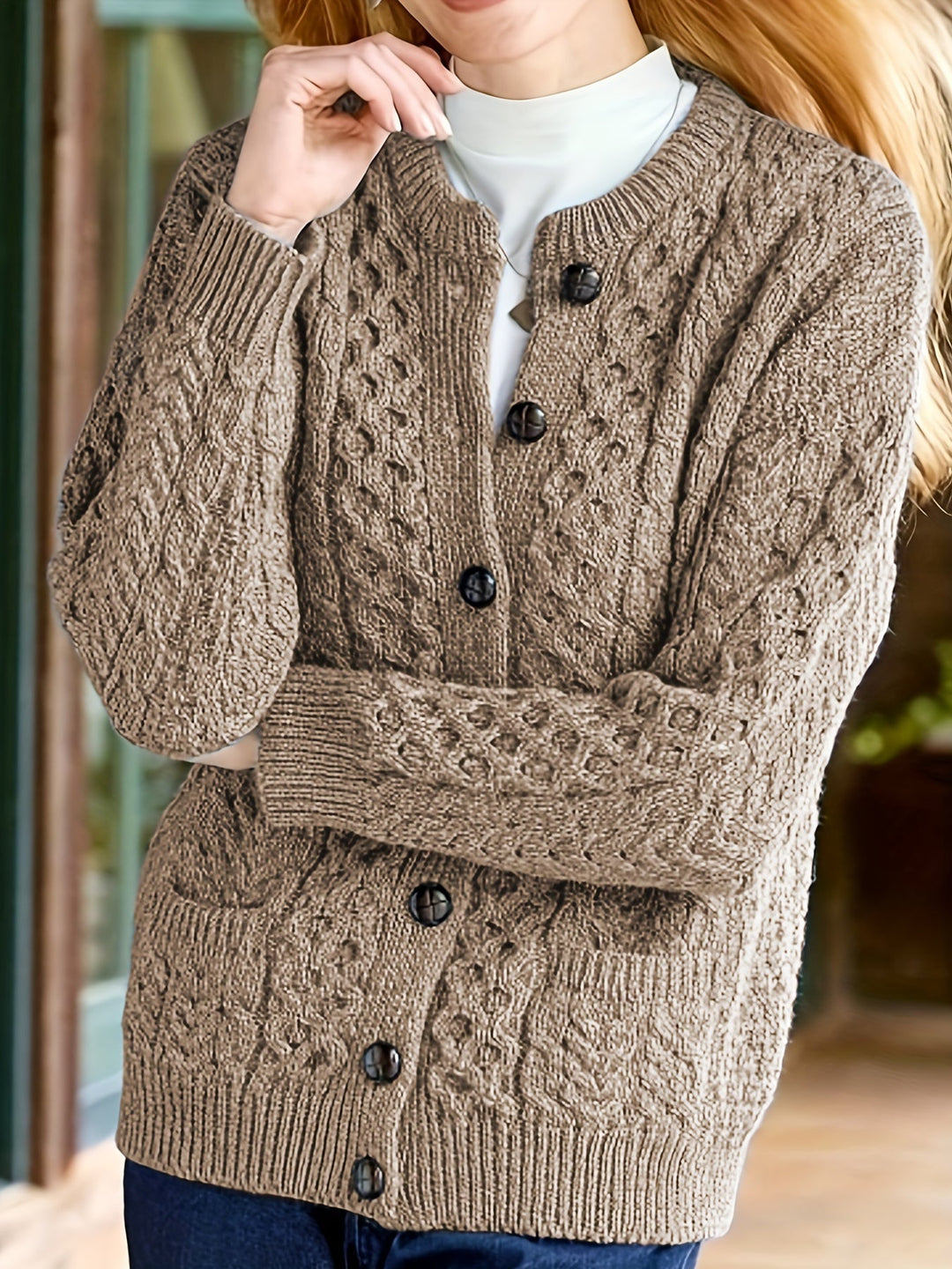 Plain Knitted Cardigan with Button Closure and Pockets - Olivia-Light brown-S-The Livary