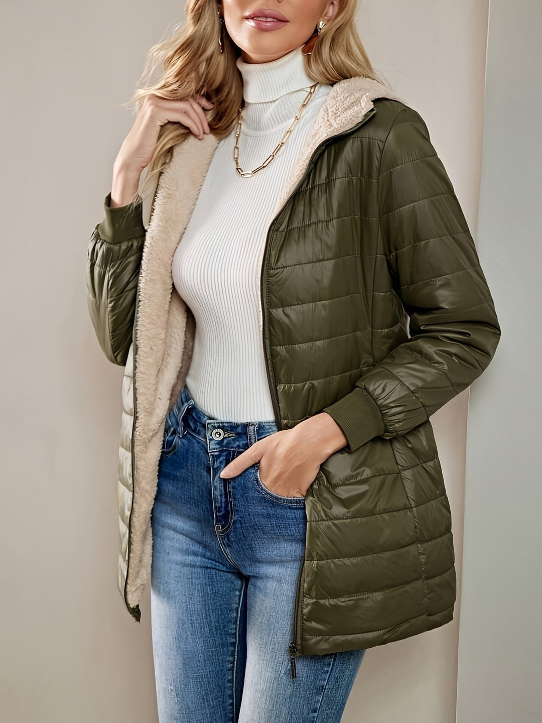 Fleece Lined Women's Jacket with Zip - Eliza-Olive-XS-The Livary