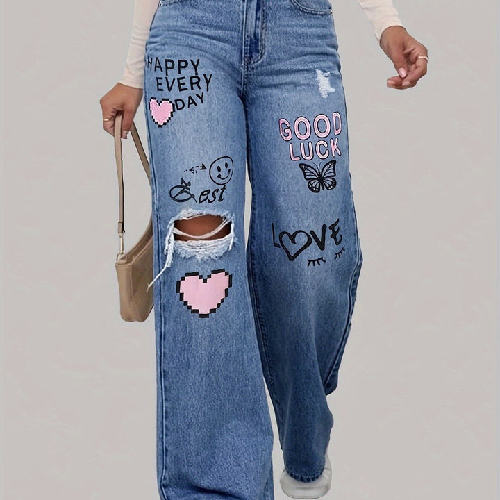 Ladies Jeans with Hearts and Graffiti Print - Lotte-XS-Medium Blue-The Livary