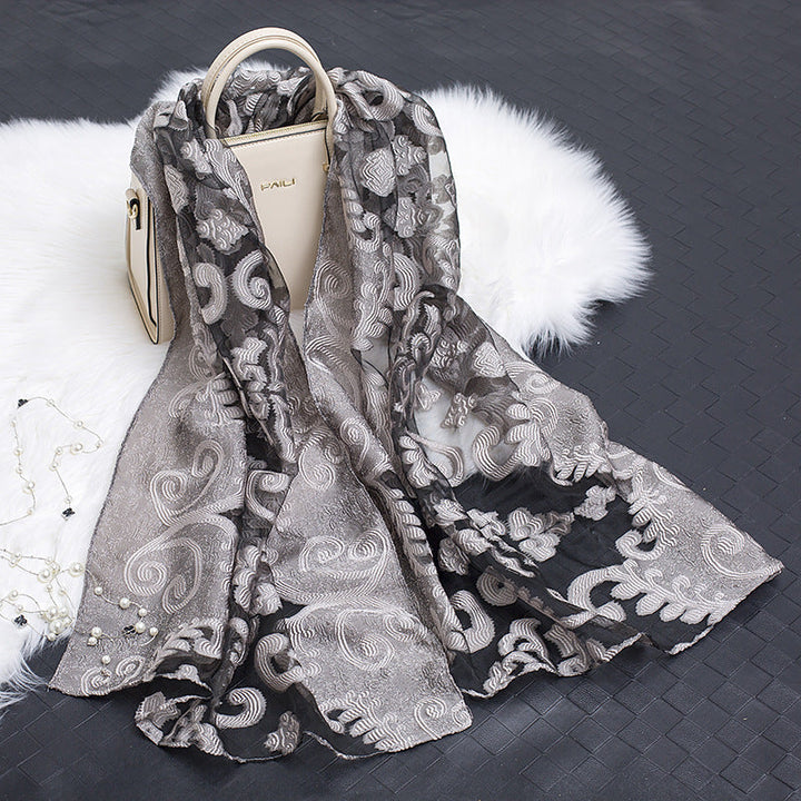 Trendy women's silk scarf with floral pattern and cut-out design – Fiora (1+1 FREE)-Flower gray-The Livary