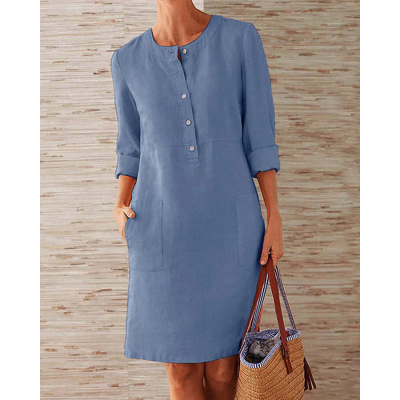Stylish women's casual dress with pockets & round neckline – Niva-Blue-M-The Livary