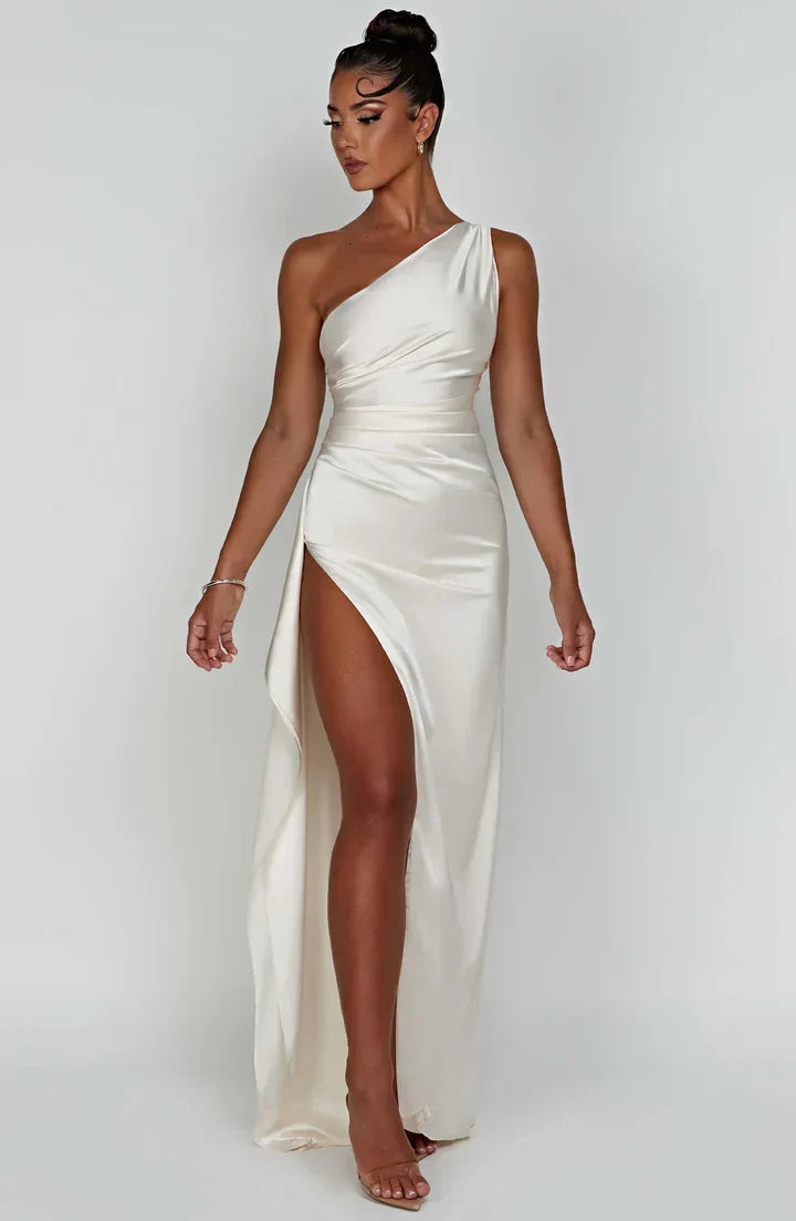 Satin Split Dress with One Shoulder - Vivienne-Red-XS-The Livary