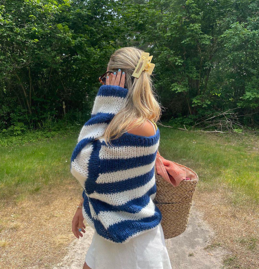 Knitted and Striped Oversized Women's Sweater - Harper-Blue and White-XS/S-The Livary