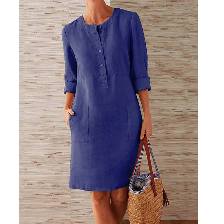 Stylish women's casual dress with pockets & round neckline – Niva-Navy blue-M-The Livary