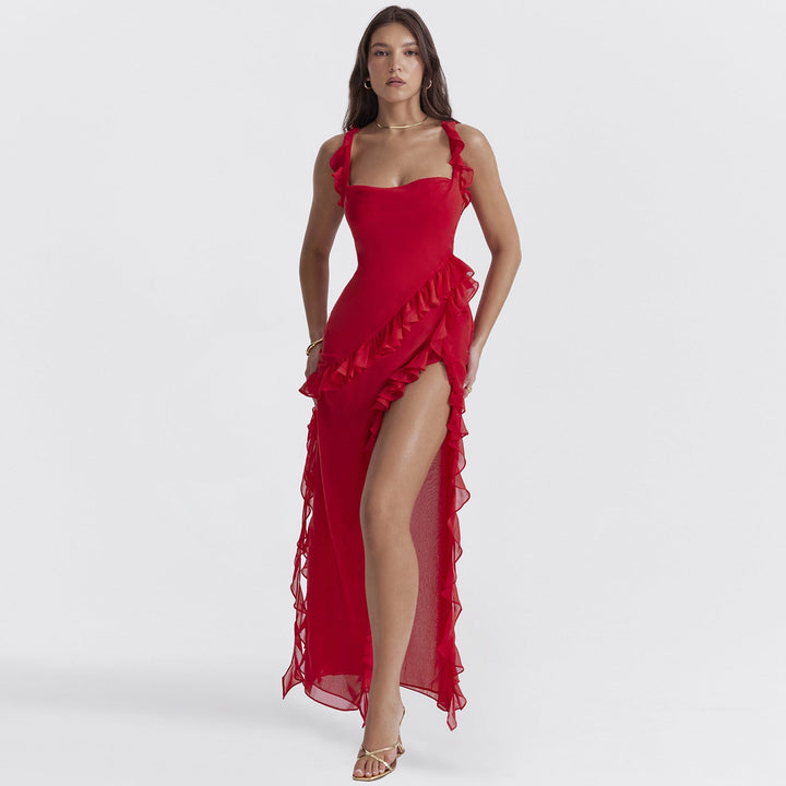Trendy women's maxi dress with ruffles & chiffon for summer – Amira-Red-S-The Livary