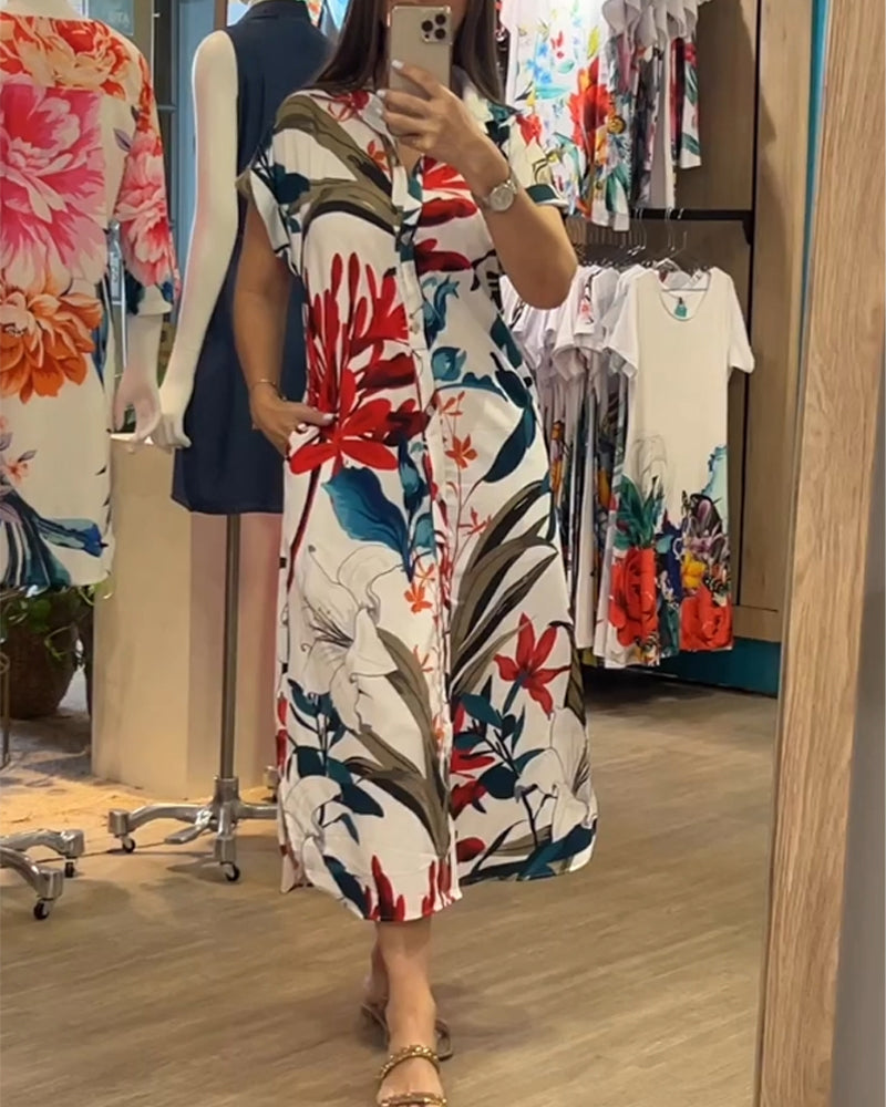 Trendy women's summer dress with print & shirt collar - Flora-S-The Livary