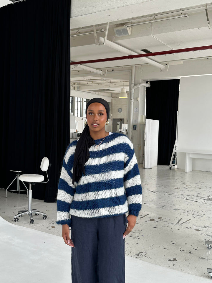 Knitted and Striped Oversized Women's Sweater - Harper-Blue and White-XS/S-The Livary