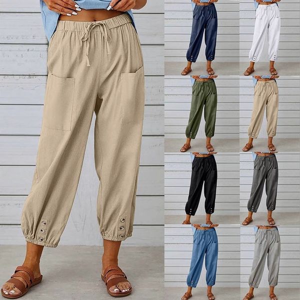 Light summer linen trousers with drawstring & wide cut – Mira-Khaki-S-The Livary