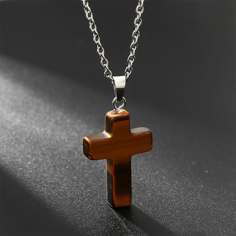 Necklace with Cross of Natural Gemstones - Seraphina-Tiger's eye-The Livary