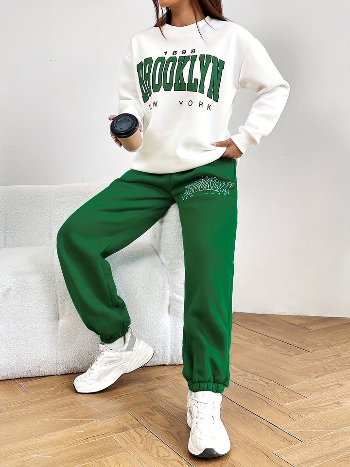 Two-piece Jogging Suit with Trendy Letter Print - Isabelle-Green-S-The Livary