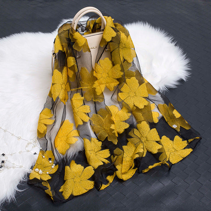 Trendy women's silk scarf with floral pattern and cut-out design – Fiora (1+1 FREE)-Yellow 2-The Livary