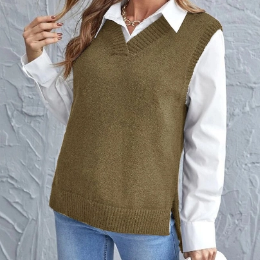 Soft Knitted Vest with V-Neck - Faye-Khaki-S-The Livary
