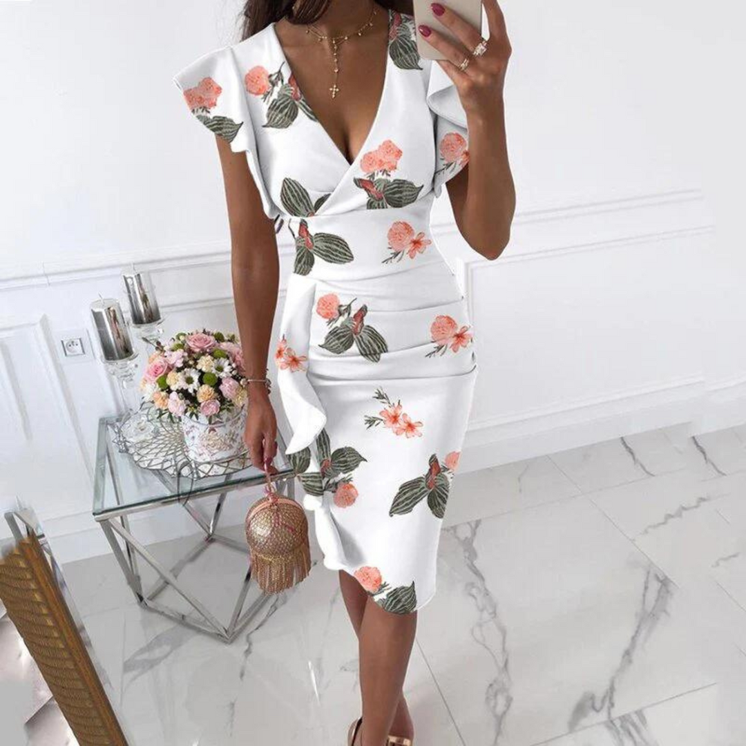 Stylish V-Neck Dress with Pleated Sleeves - Maud-White orange-S-The Livary