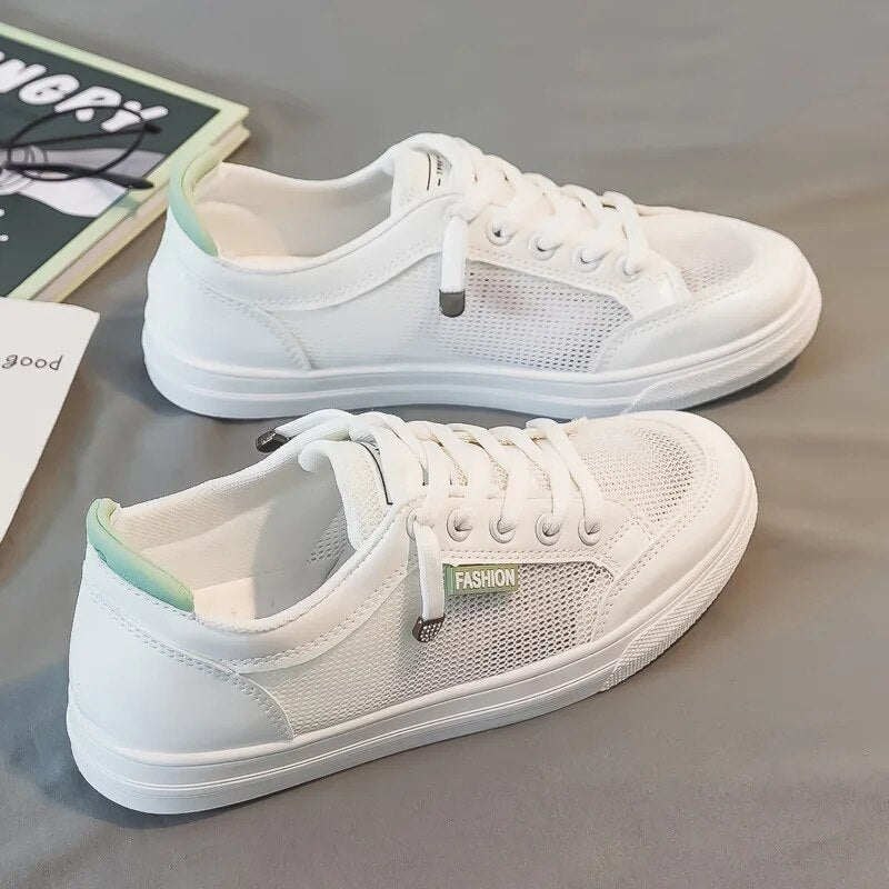 White women's sneakers with mesh upper – Elena-White Green-3-The Livary