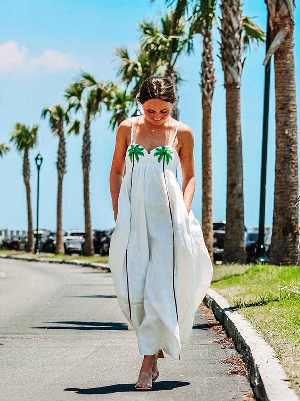 Trendy strappy dress with tropical palm print – Estelle-White-S-The Livary