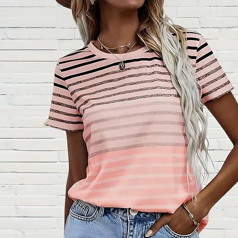 Striped women's T-shirt with round neckline & gradient – Melia-Light pink-S-The Livary