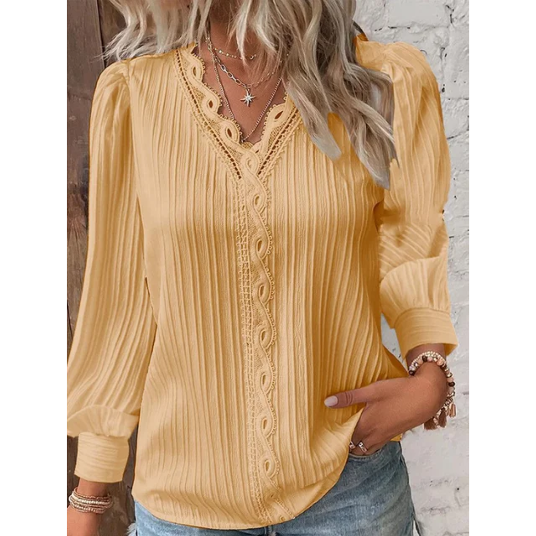 Stylish ladies' blouse with a V-neck & long sleeves – Alvara-Yellow-S-The Livary