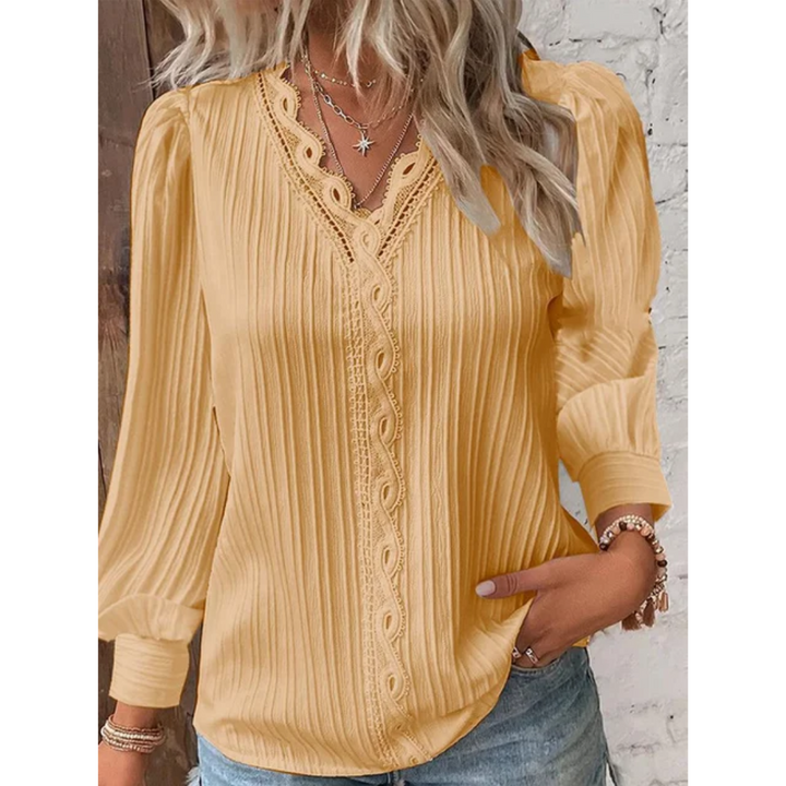Stylish ladies' blouse with a V-neck & long sleeves – Alvara-Yellow-S-The Livary