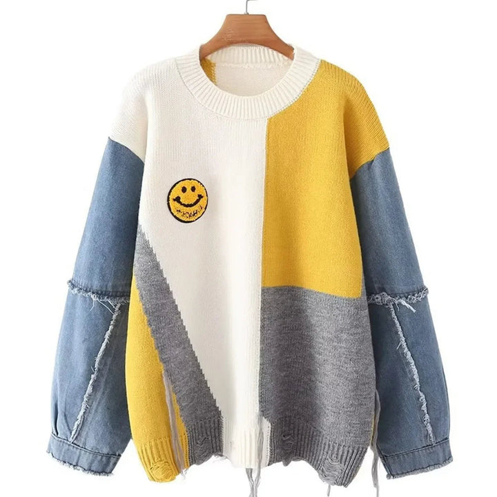 Cheerful Patchwork Sweater for Women - Liora-White/Yellow-S-The Livary