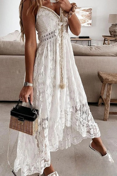 White Crocheted Fringed Dress - Élodie-S-The Livary