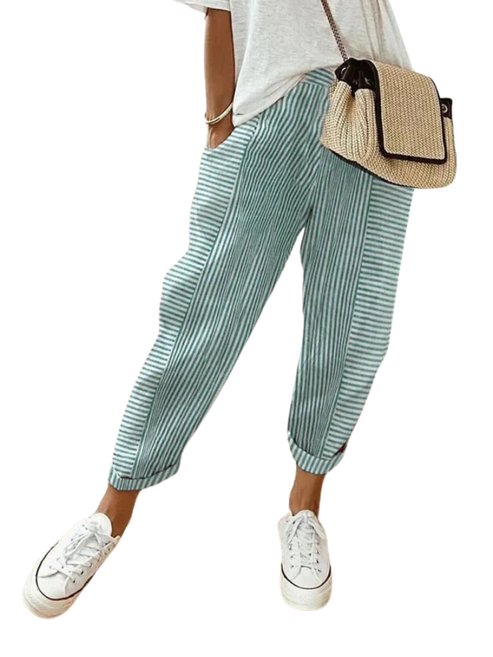 Striped Cotton Women's Trousers - Amara-Green-S-The Livary