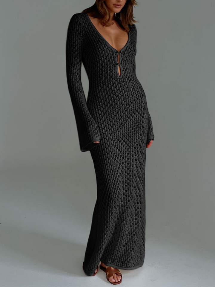Long women's beach dress with back cutout and V-neck – Celina-Black-XS-The Livary