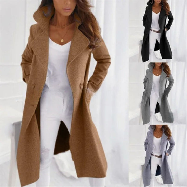 Stylish Long Women's Coat with Turned-down Collar - Valentina-Khaki-S-The Livary